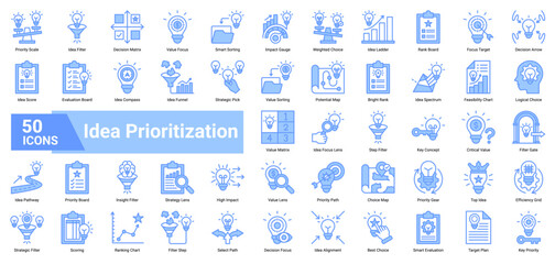 A collection of Idea Prioritization icons. Containing filters, rankings, values, and choices. Ideal for strategy mapping, project planning, and creative evaluation.