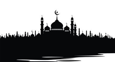 Islamic Mosque Silhouette with Crescent Moon against White Background