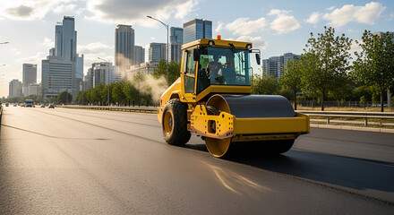 Yellow Road Roller on Highway Construction Site