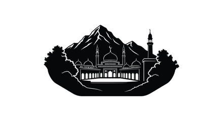 Mosque silhouette with mountains landscape in minimalist black and white design