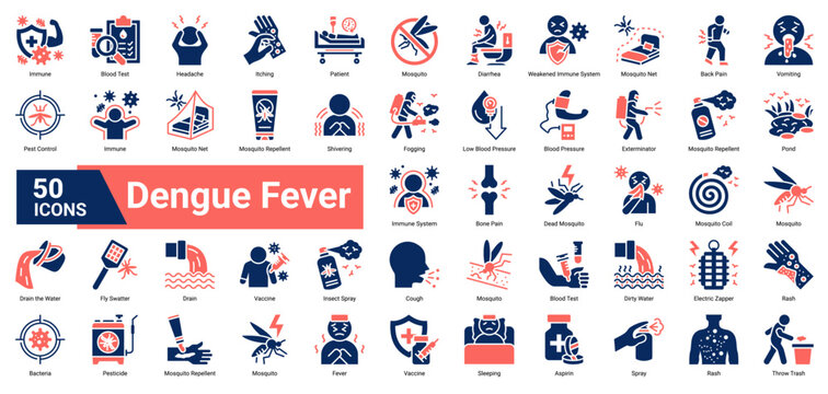 A collection of Dengue Fever icons. Containing health, mosquito, immune, and prevention symbols. Ideal for medical campaigns, awareness design, and healthcare education.