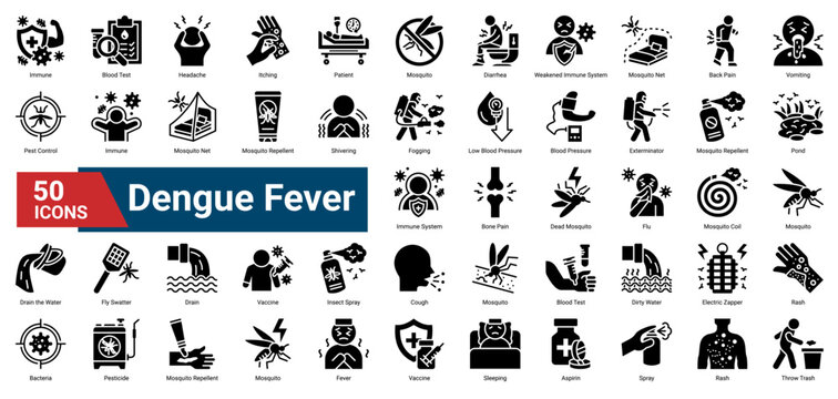 A collection of Dengue Fever icons. Containing health, mosquito, immune, and prevention symbols. Ideal for medical campaigns, awareness design, and healthcare education.