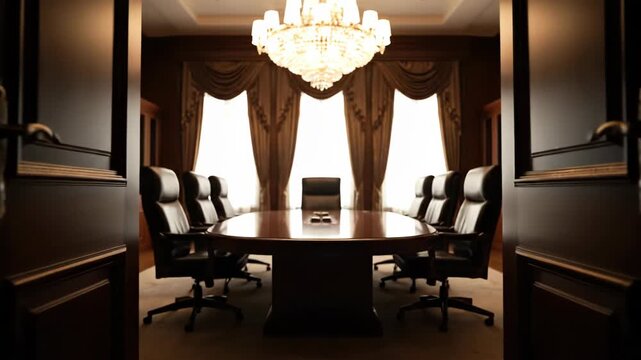 Dark doors slowly open to reveal a luxurious, well-appointed conference room. A grand chandelier illuminates the elegant table and executive chairs.