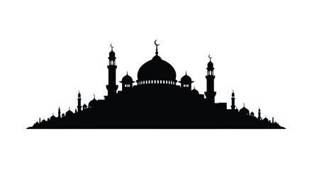 Mosque Silhouette with Domes and Minarets on Hilltop Landscape