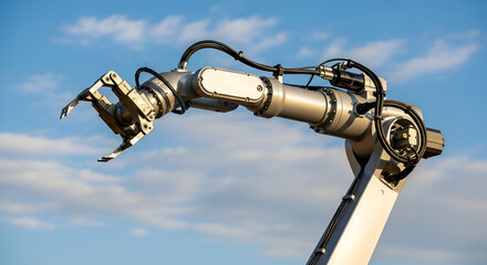 Industrial robotic arm against blue sky