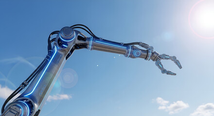 Robotic arm against blue sky, industrial automation technology