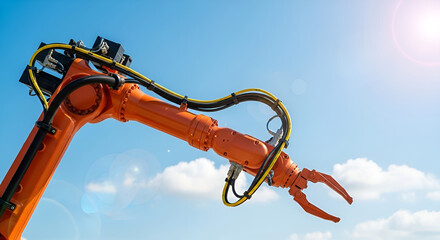 Industrial Robot Arm with Gripper against Blue Sky