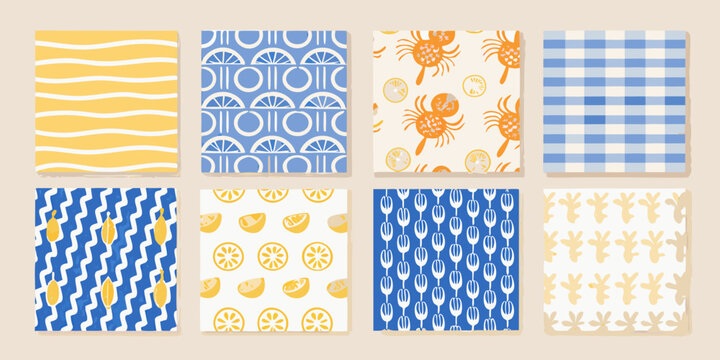 A collection of seamless summer patterns with nautical and citrus themes