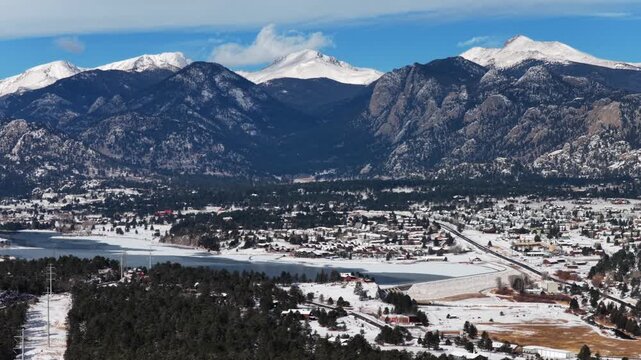 Lake Estes Park Rocky Mountain National Park town winter morning fresh snowy sunny blue sky aerial drone Colorado Front Range RMNP entrance Power Lines Deer Prospect McGregor Mountain forward pan up