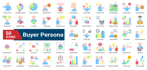 A collection of Buyer Persona icons, containing demographic data, behavior patterns, motivations, trust factors, and decision attributes. Ideal for marketing strategy, audience analysis, and customer 