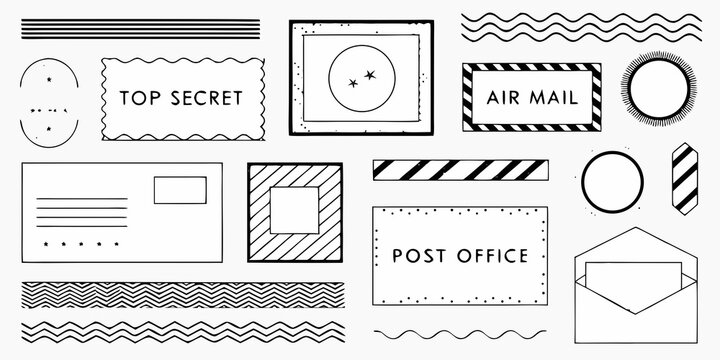 Collection of black and white postage stamps seals and decorative elements