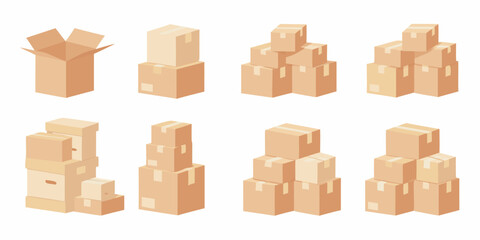 Fototapeta premium Isometric illustration of stacked and open cardboard boxes in various arrangements