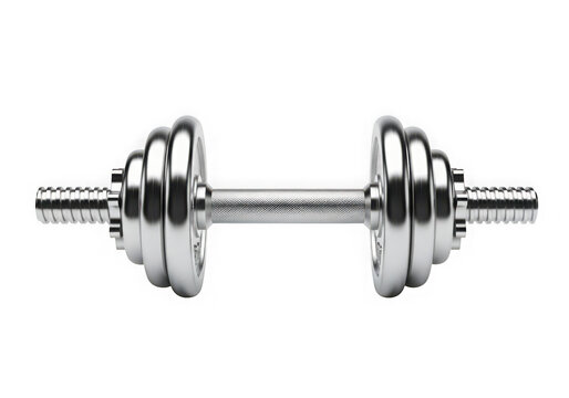 A close-up view of a chrome dumbbell with engraved details isolated on transparent background