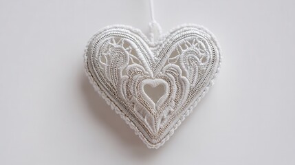 Elegant white heart-shaped ornament with intricate lace and embroidered floral patterns hanging against a plain background.