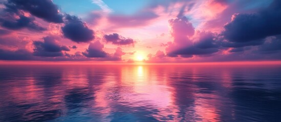 Fototapeta premium Pink sunset over calm ocean; peaceful scene
