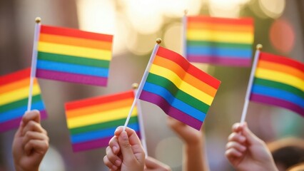 Fototapeta premium Joyful group waving rainbow flags at outdoor celebration.