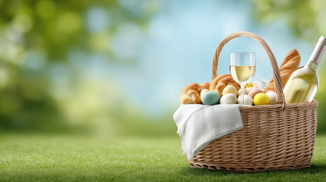 Easter holiday picnic basket with decorated eggs wine bread and spring flowers