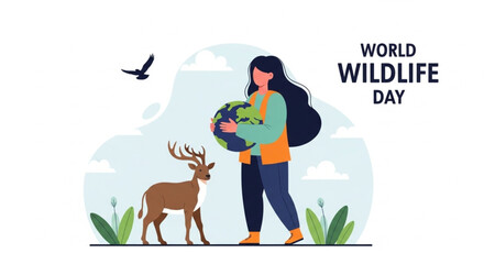 Naklejka premium International World Wildlife Day Poster 3 March with Earth Map and Wild Animal Silhouettes