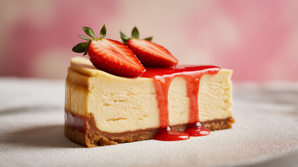 Slice of strawberry cheesecake with glossy red sauce and fresh strawberry halves on top