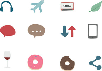 A collection of icons representing travel, technology, and food, displayed on a clean white background from a straightforward viewpoint.