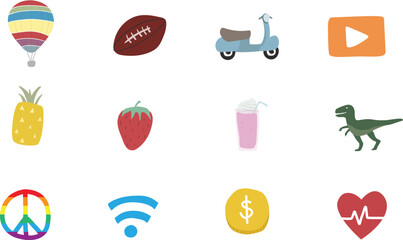Diverse icons representing various concepts, objects, and symbols floating on a clean surface, viewed from directly above.