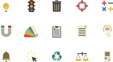 Various icons representing technology and sustainability concepts displayed on a clean white background from a straightforward viewpoint.
