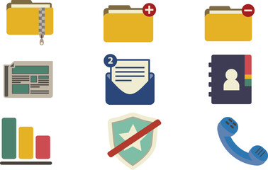 Collection of various digital icons representing files, folders, and communication on a clean white background from a straightforward viewpoint