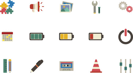 Assorted Technical Icons Representing Various Tools and Devices on a Neutral Background from a Direct Viewpoint
