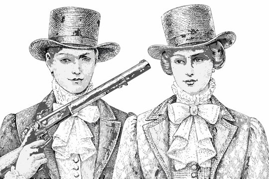 Two men in top hats one holding a vintage firearm sketched in monochrome