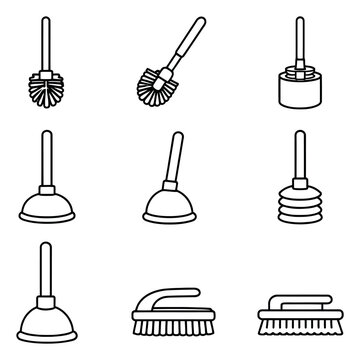 Line art bathroom and cleaning tools set featuring toilet brushes, plungers, and scrub brushes for home maintenance and sanitation
