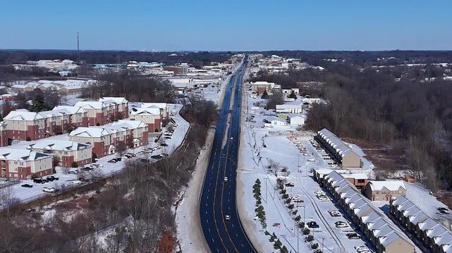 Drone view of Wilma Rudolph Blvd after a snowfall
