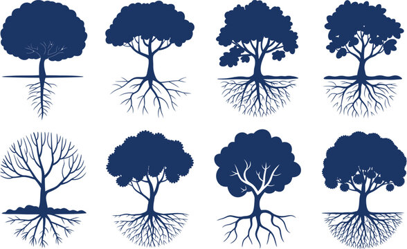 Collection of Eight Stylized Blue Tree Silhouettes with Visible Roots