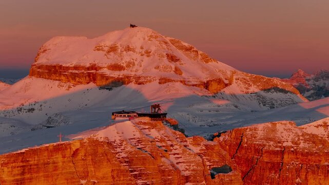 Rifugio Capanna Piz Fassa di Bernard Guido Mountain Cabin On The Summit Of Piz Bo&egrave; in the Dolomites, Italy. Aerial Rotate Shot