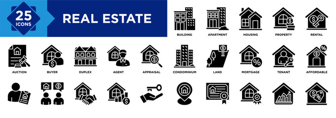 Real estate icon set collection. Icon pack contains property, housing, building, apartment, condo, land, mortgage, rental, tenant, affordable