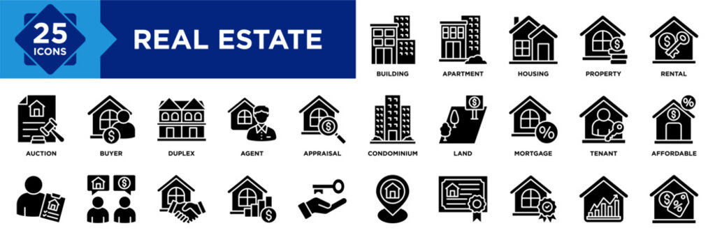 Real estate icon set collection. Icon pack contains property, housing, building, apartment, condo, land, mortgage, rental, tenant, affordable