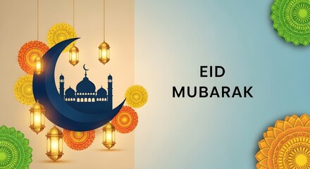 Fototapeta premium Eid mubarak greeting with mosque silhouette and crescent moon