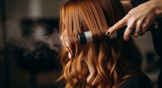 A stylist using a steam hair straightener on a woman with long red hair in a salon setting
