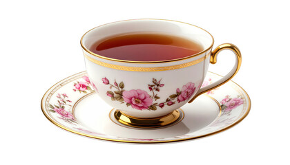 Fototapeta premium Fine china teacup filled with dark tea on a matching saucer, floral design