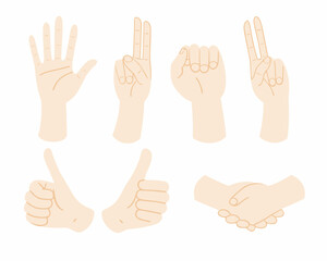 Obraz premium Illustrations of various hand gestures and poses in a light tone