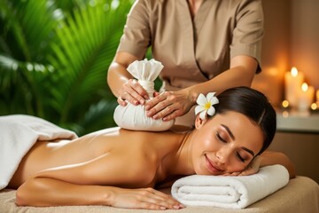 Relaxing spa massage with aromatic flowers and candles in serene setting