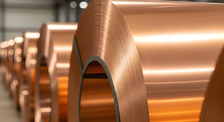 Copper Sheet Coils: Row of large polished copper metal rolls in warehouse, industrial manufacturing, metallurgy resource and hardware storage concept