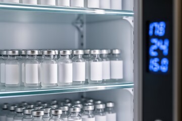 Vials of medication stored in a refrigerated unit with digital display