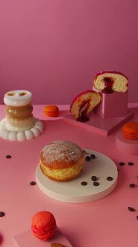 A sugar-coated Berliner donut is carefully placed on a round white pedestal against a pink background with macarons, layered coffee, and jelly-filled pastries as photo props.