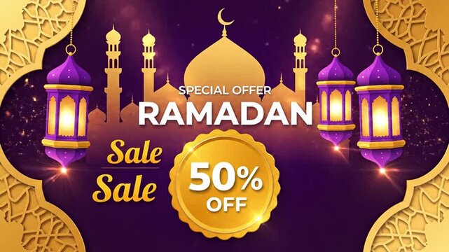 Festive Ramadan Kareem sale promotion digital graphic template with glowing lanterns and mosque silhouette. Perfect for online marketing, offering discounts, Eid al-Fitr, and Islamic celebration.