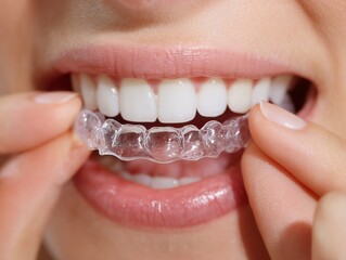 透明なマウスピースを装着する口元のクローズアップで伝える歯列矯正ケアのイメージ