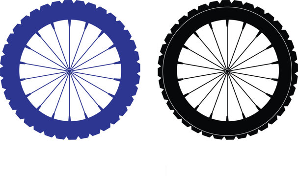 A blue and a black bicycle wheel side by side