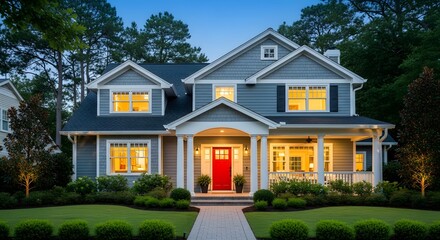 Beautiful two story house with red front door and welcoming porch
