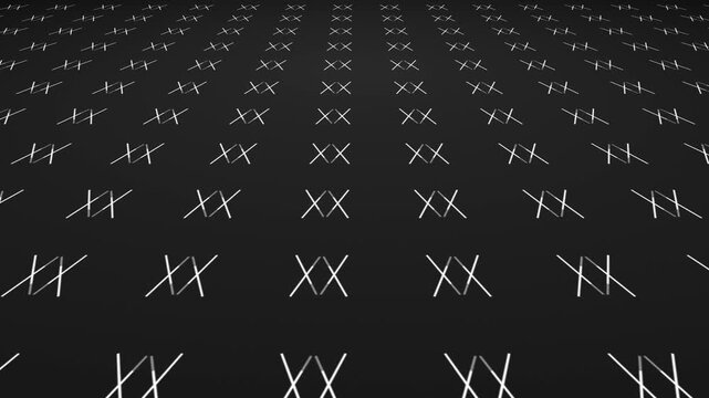 Animated bouncing vivid fading lines creating mirrored symmetrical pattern shapes on a dark gradient 3D background plane motion visual effects and moving abstract graphics colours white grey