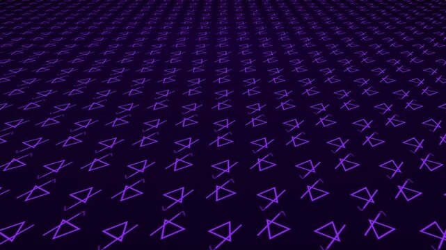 Stroked pentagonal triangles with moving lines and geometric pattern shapes positioned on 3D angled plane amid dark gradient background drifting through space visual effect graphics purple violet