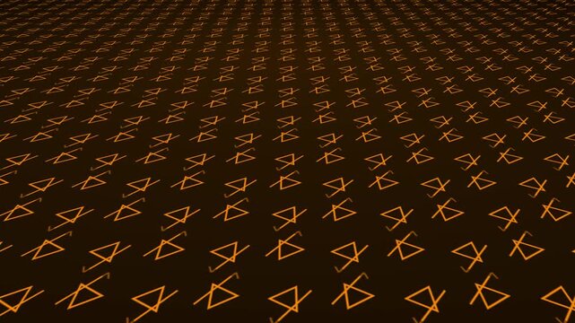 Stroked pentagonal triangles with moving lines and geometric pattern shapes positioned on 3D angled plane amid dark gradient background drifting through space dynamic visual effect graphics brown tan